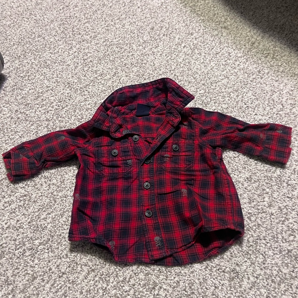 GAP Kids Red and Black Checkered Button-Down Shirt with Skulls